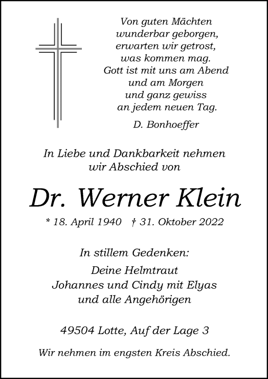 Traueranzeige von Werner Klein von Neue Osnabrücker Zeitung GmbH & Co. KG