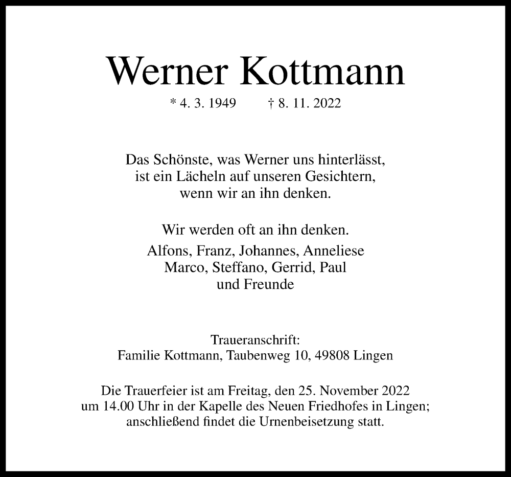  Traueranzeige für Werner Kottmann vom 19.11.2022 aus Neue Osnabrücker Zeitung GmbH & Co. KG