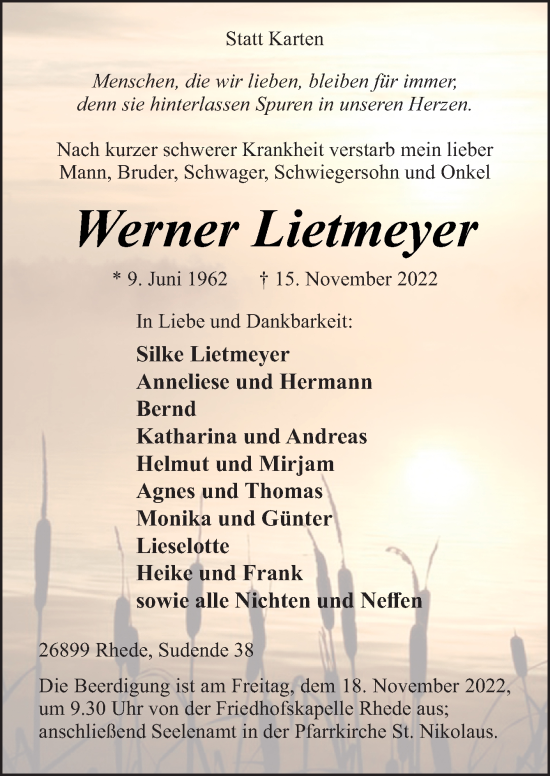 Traueranzeige von Werner Lietmeyer von Neue Osnabrücker Zeitung GmbH & Co. KG