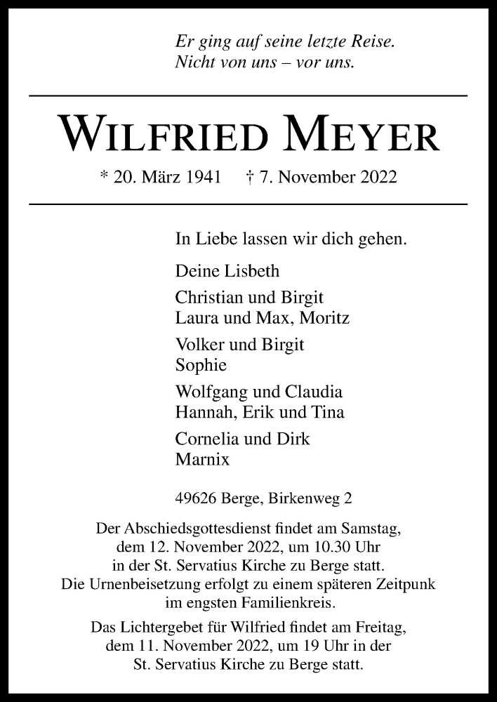  Traueranzeige für Wilfried Meyer vom 09.11.2022 aus Neue Osnabrücker Zeitung GmbH & Co. KG