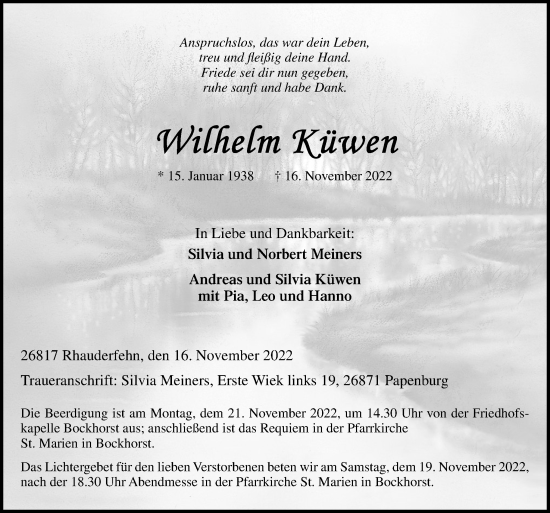 Traueranzeige von Wilhelm Küwen von Neue Osnabrücker Zeitung GmbH & Co. KG