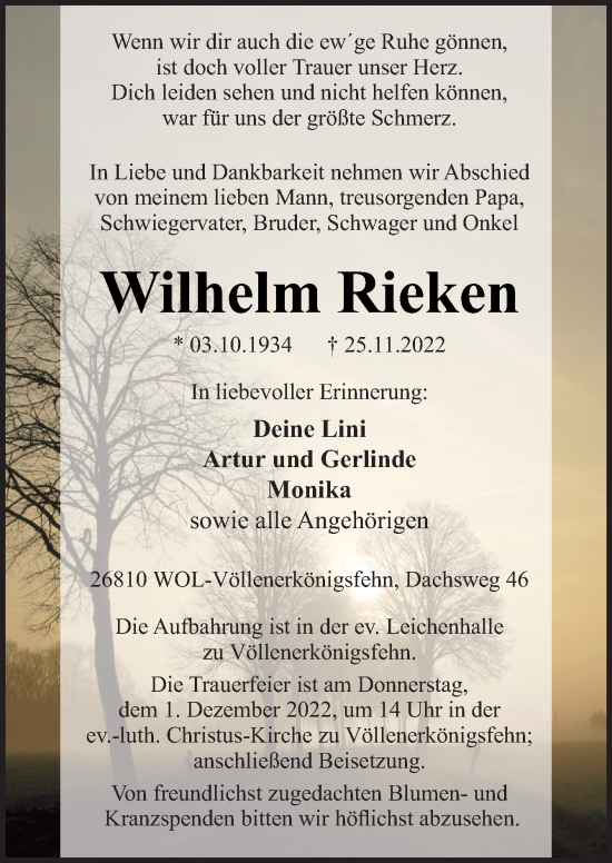 Traueranzeige von Wilhelm Rieken von Neue Osnabrücker Zeitung GmbH & Co. KG