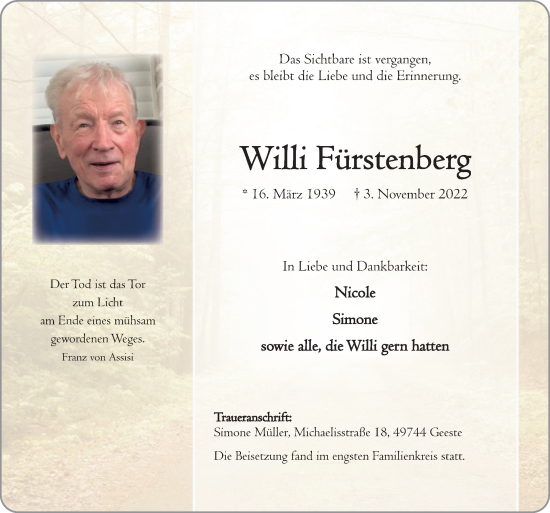 Traueranzeige von Willi Fürstenberg von Neue Osnabrücker Zeitung GmbH & Co. KG