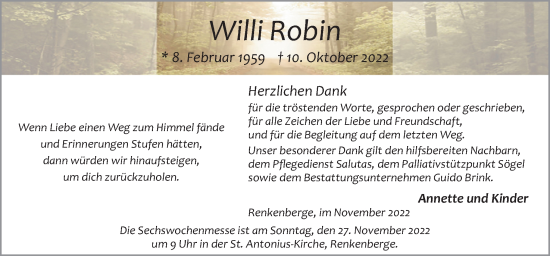 Traueranzeige von Willi Robin von Neue Osnabrücker Zeitung GmbH & Co. KG