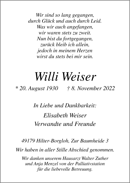 Traueranzeige von Willi Weiser von Neue Osnabrücker Zeitung GmbH & Co. KG