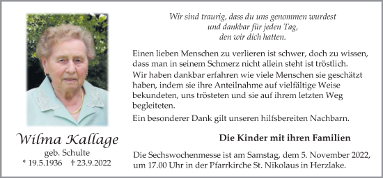 Traueranzeige von Wilma Kallage von Neue Osnabrücker Zeitung GmbH & Co. KG