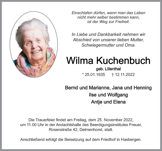 Traueranzeige von Wilma Kuchenbuch von DK Medien GmbH & Co. KG