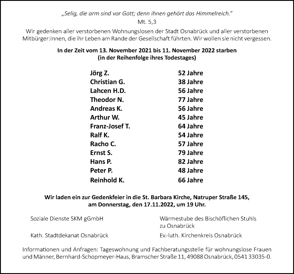  Traueranzeige für Wir gedenken Stadt Osnabrück vom 12.11.2022 aus Neue Osnabrücker Zeitung GmbH & Co. KG