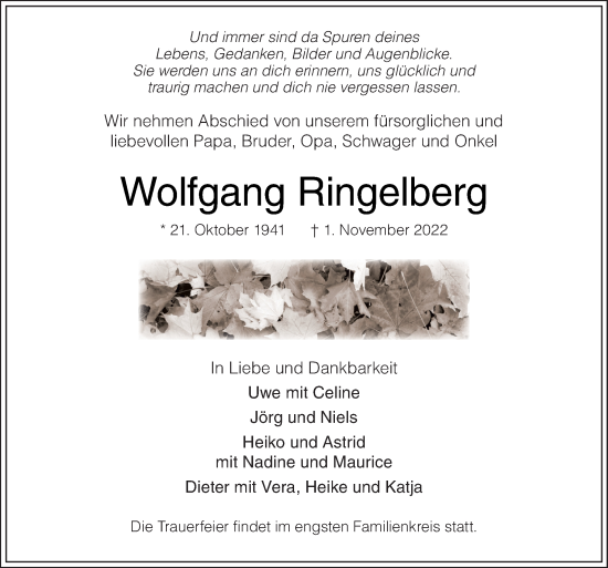 Traueranzeige von Wolfgang Ringelberg von DK Medien GmbH & Co. KG