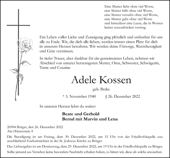 Traueranzeige von Adele Kossen von Neue Osnabrücker Zeitung GmbH & Co. KG