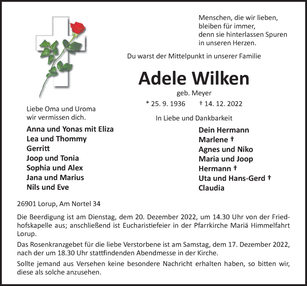  Traueranzeige für Adele Wilken vom 17.12.2022 aus Neue Osnabrücker Zeitung GmbH & Co. KG