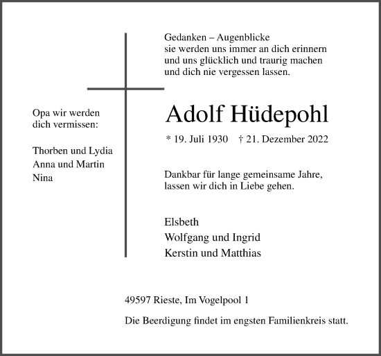 Traueranzeige von Adolf Hüdepohl von Neue Osnabrücker Zeitung GmbH & Co. KG