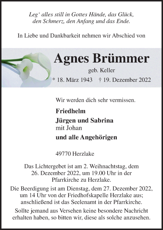 Traueranzeige von Agnes Brümmer von Neue Osnabrücker Zeitung GmbH & Co. KG