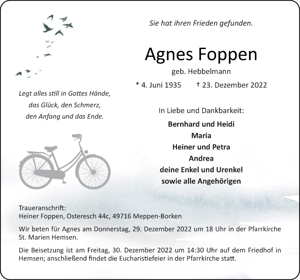  Traueranzeige für Agnes Foppen vom 27.12.2022 aus Neue Osnabrücker Zeitung GmbH & Co. KG