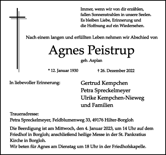 Traueranzeige von Agnes Peistrup von Neue Osnabrücker Zeitung GmbH & Co. KG