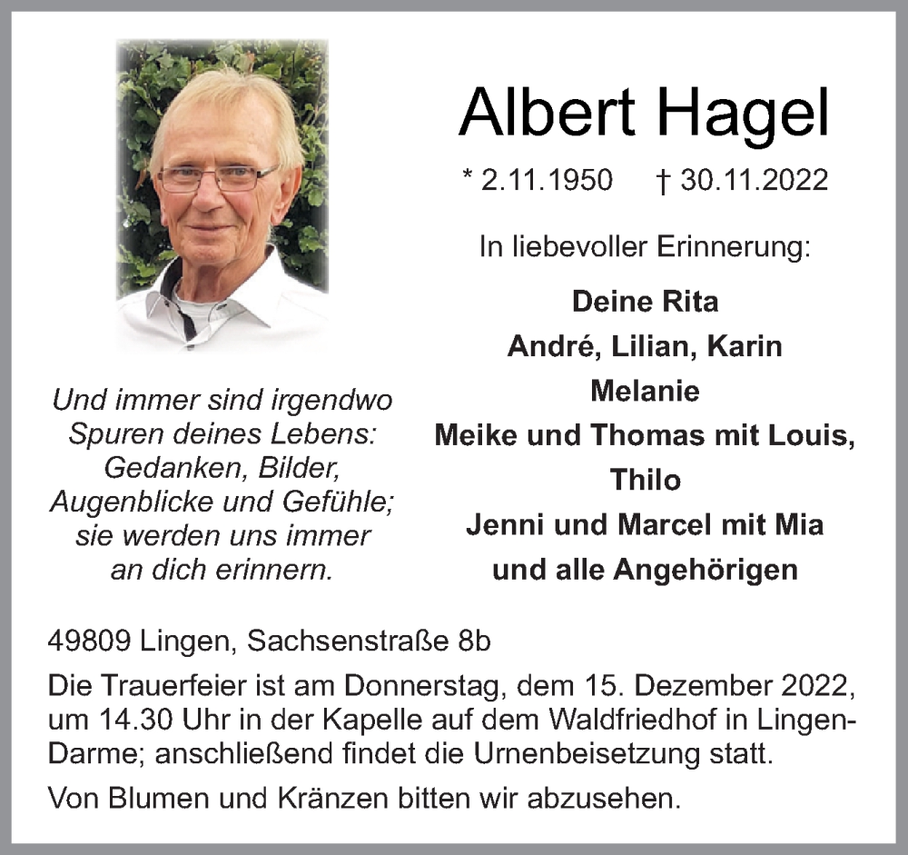  Traueranzeige für Albert Hagel vom 09.12.2022 aus Neue Osnabrücker Zeitung GmbH & Co. KG