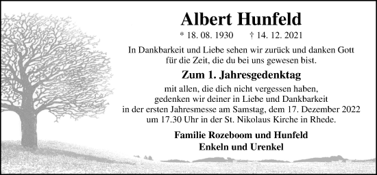 Traueranzeige von Albert Hunfeld von Neue Osnabrücker Zeitung GmbH & Co. KG