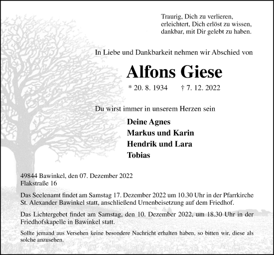 Traueranzeige von Alfons Giese von Neue Osnabrücker Zeitung GmbH & Co. KG