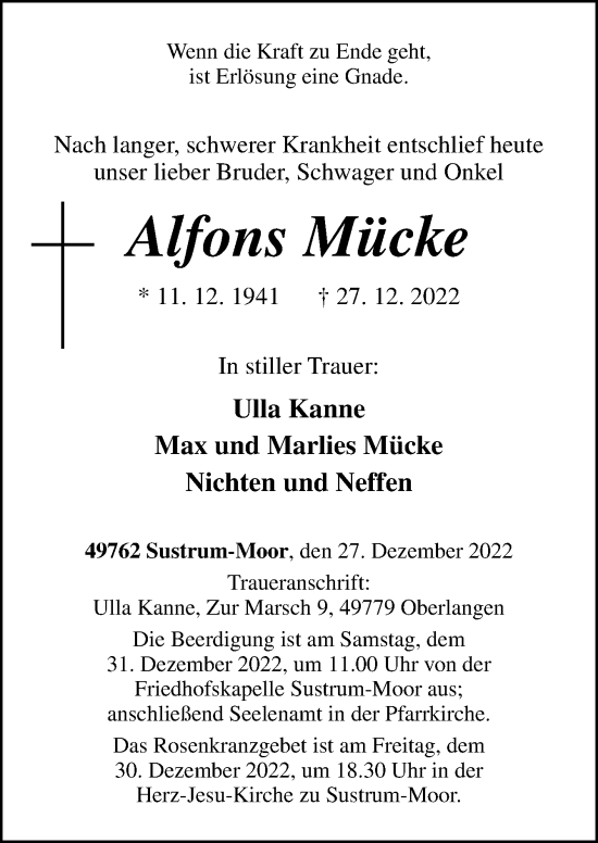 Traueranzeige von Alfons Mücke von Neue Osnabrücker Zeitung GmbH & Co. KG