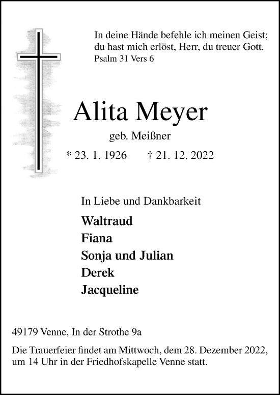 Traueranzeige von Alita Meyer von Neue Osnabrücker Zeitung GmbH & Co. KG