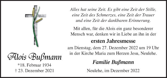 Traueranzeige von Alois Bußmann von Neue Osnabrücker Zeitung GmbH & Co. KG