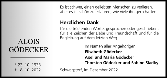 Traueranzeige von Alois Gödecker von Neue Osnabrücker Zeitung GmbH & Co. KG