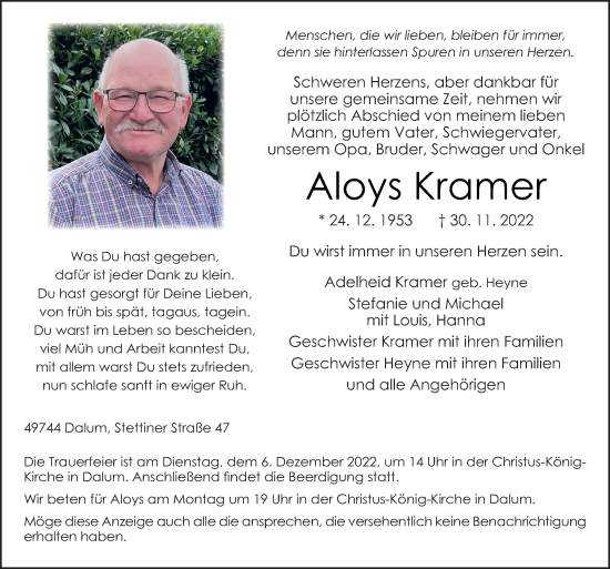 Traueranzeige von Aloys Kramer von Neue Osnabrücker Zeitung GmbH & Co. KG