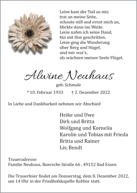 Traueranzeige von Alwine Neuhaus von Neue Osnabrücker Zeitung GmbH & Co. KG