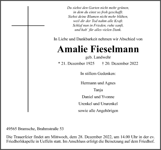 Traueranzeige von Amalie Fieselmann von Neue Osnabrücker Zeitung GmbH & Co. KG