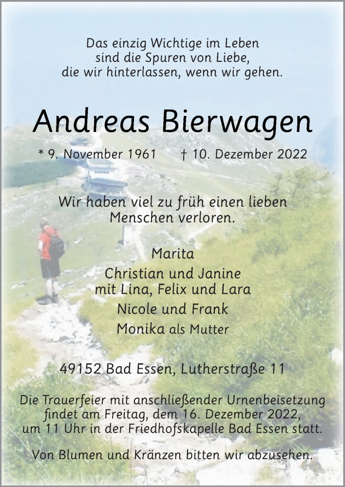  Traueranzeige für Andreas Bierwagen vom 13.12.2022 aus Neue Osnabrücker Zeitung GmbH & Co. KG