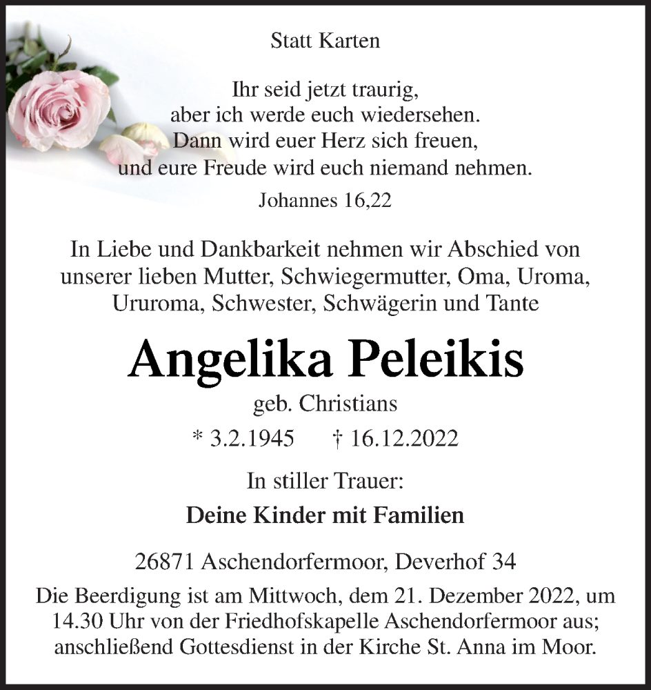  Traueranzeige für Angelika Peleikis vom 19.12.2022 aus Neue Osnabrücker Zeitung GmbH & Co. KG