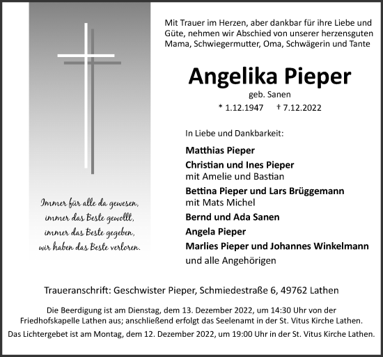 Traueranzeige von Angelika Pieper von Neue Osnabrücker Zeitung GmbH & Co. KG