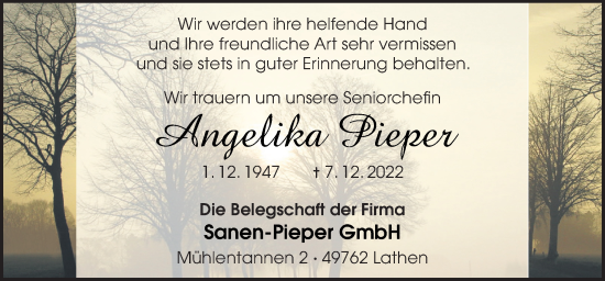 Traueranzeige von Angelika Pieper von Neue Osnabrücker Zeitung GmbH & Co. KG