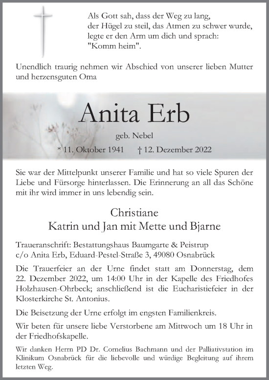 Traueranzeige von Anita Erb von Neue Osnabrücker Zeitung GmbH & Co. KG
