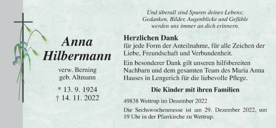 Traueranzeige von Anna Hilbermann von Neue Osnabrücker Zeitung GmbH & Co. KG