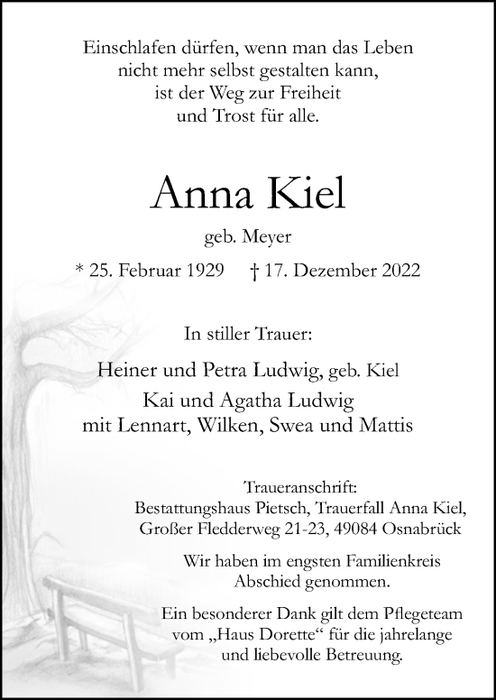 Traueranzeige von Anna Kiel von Neue Osnabrücker Zeitung GmbH & Co. KG