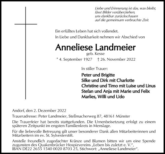 Traueranzeige von Anneliese Landmeier von Neue Osnabrücker Zeitung GmbH & Co. KG