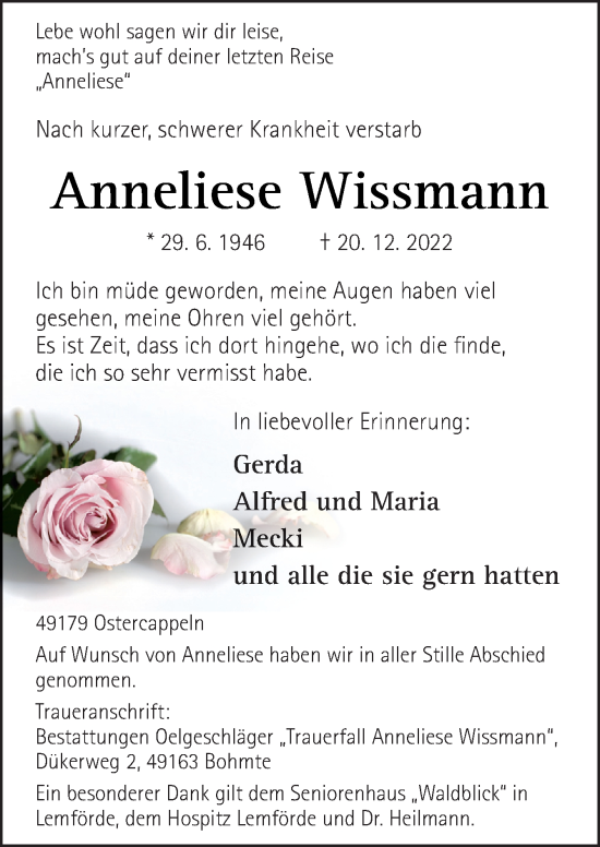 Traueranzeige von Anneliese Wissmann von Neue Osnabrücker Zeitung GmbH & Co. KG