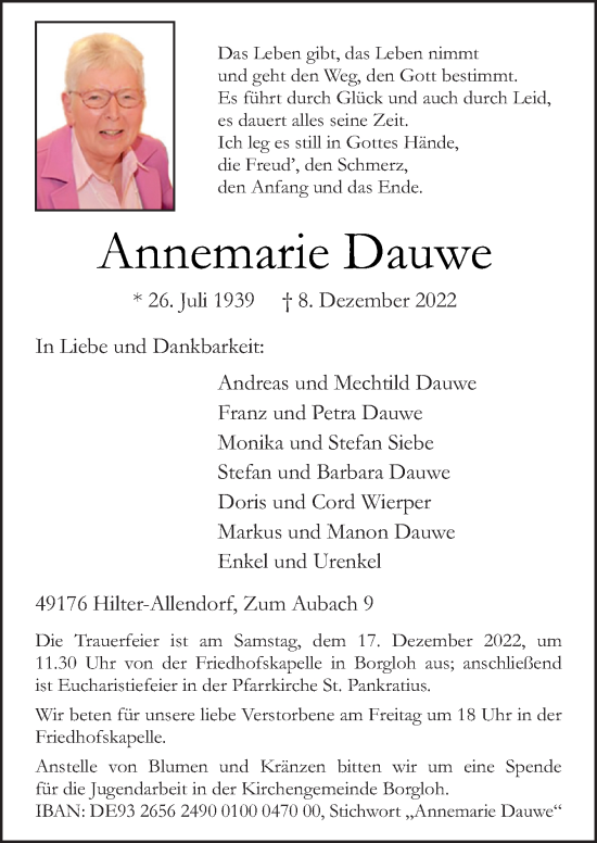 Traueranzeige von Annemarie Dauwe von Neue Osnabrücker Zeitung GmbH & Co. KG