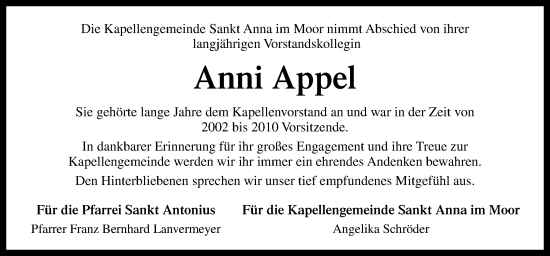 Traueranzeige von Anni Appel von Neue Osnabrücker Zeitung GmbH & Co. KG