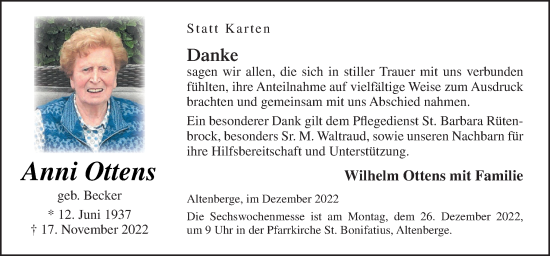 Traueranzeige von Anni Ottens von Neue Osnabrücker Zeitung GmbH & Co. KG