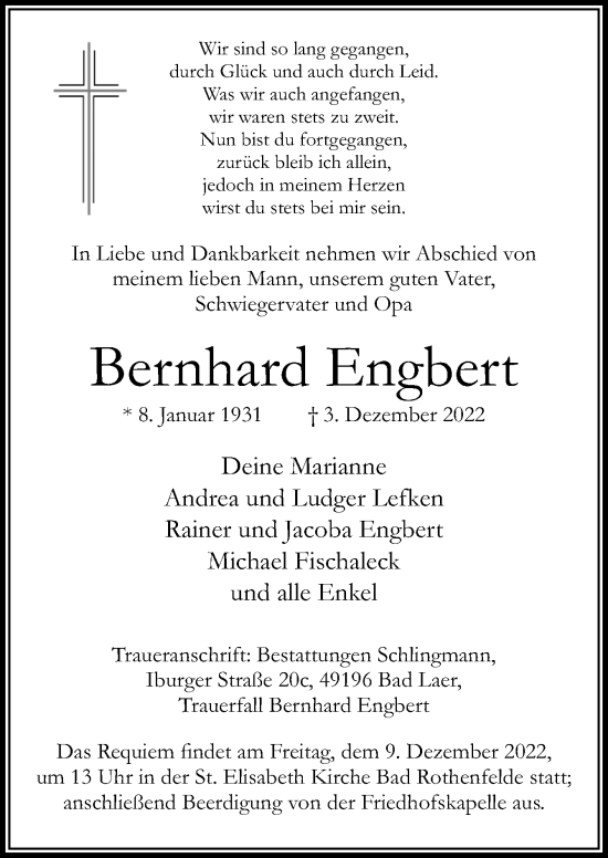 Traueranzeige von Bernhard Engbert von Neue Osnabrücker Zeitung GmbH & Co. KG
