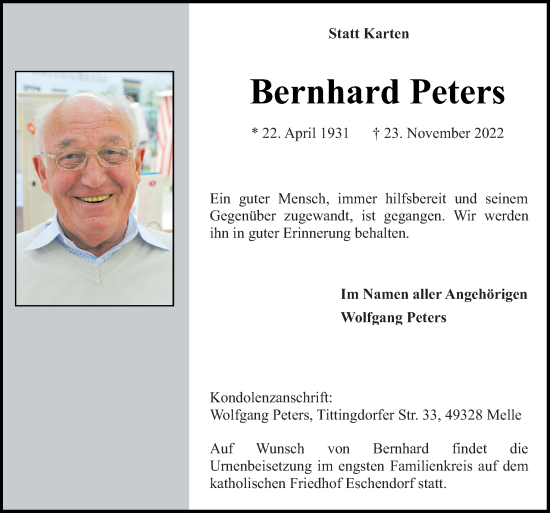Traueranzeige von Bernhard Peters von Neue Osnabrücker Zeitung GmbH & Co. KG