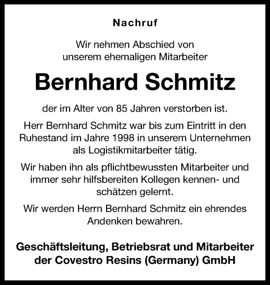 Traueranzeige von Bernhard Schmitz von Neue Osnabrücker Zeitung GmbH & Co. KG