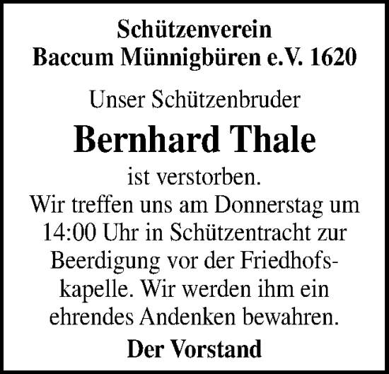 Traueranzeige von Bernhard Thale von Neue Osnabrücker Zeitung GmbH & Co. KG