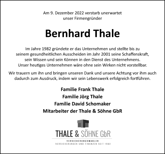 Traueranzeige von Bernhard Thale von Neue Osnabrücker Zeitung GmbH & Co. KG