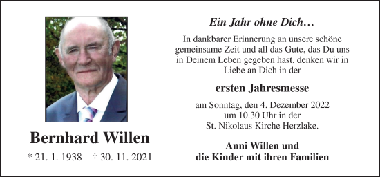 Traueranzeige von Bernhard Willen von Neue Osnabrücker Zeitung GmbH & Co. KG