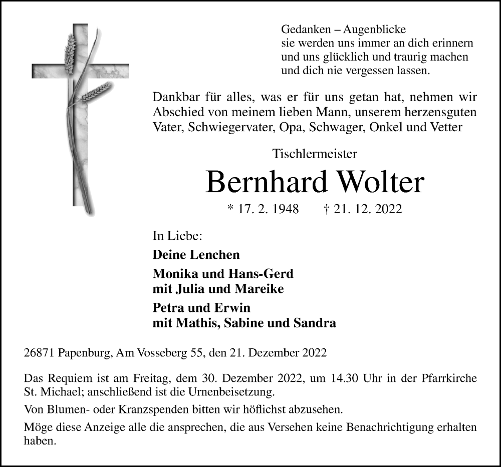  Traueranzeige für Bernhard Wolter vom 24.12.2022 aus Neue Osnabrücker Zeitung GmbH & Co. KG