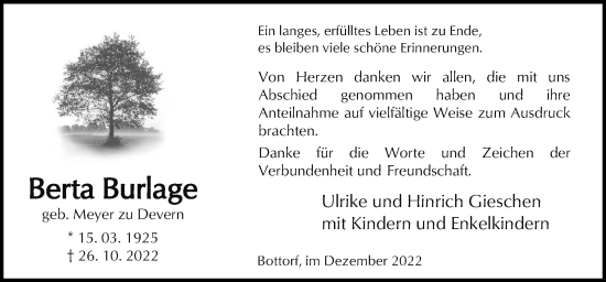 Traueranzeige von Berta Burlage von Neue Osnabrücker Zeitung GmbH & Co. KG
