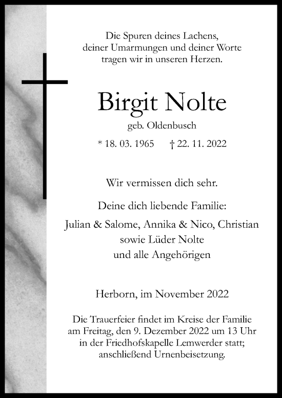 Traueranzeige von Birgit Nolte von DK Medien GmbH & Co. KG